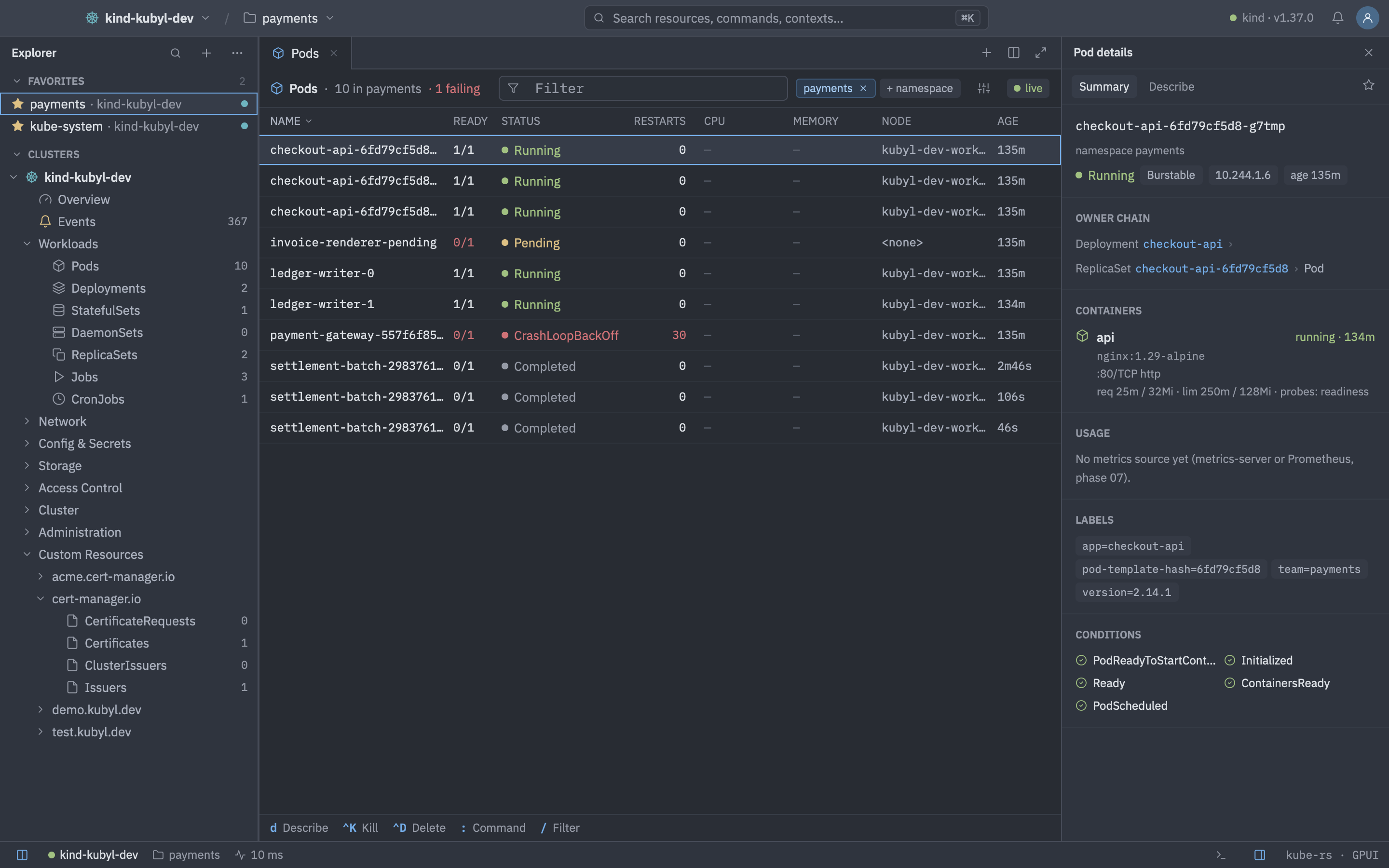 Kubyl showing the Pods list of the payments namespace with a CrashLoopBackOff pod highlighted in red and the pod details panel open on the right.